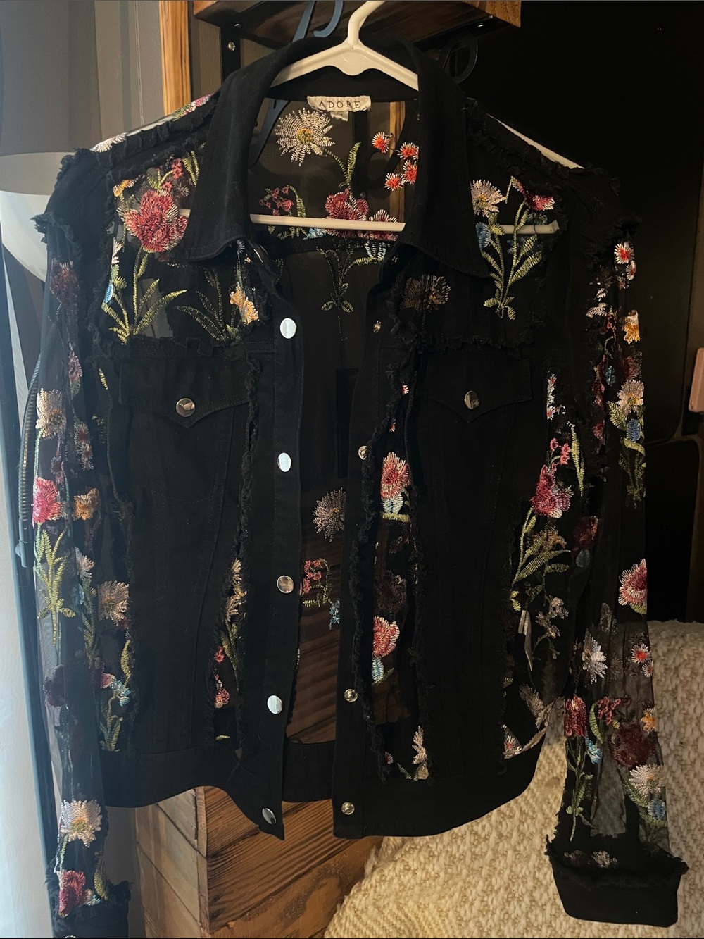 Adore Black Floral Sheer-Panel Embroidered Jean Jacket